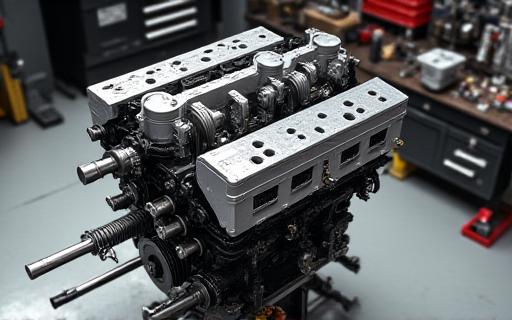 Motore scomposto su un banco da lavoro con componenti ad alte prestazioni in mostra